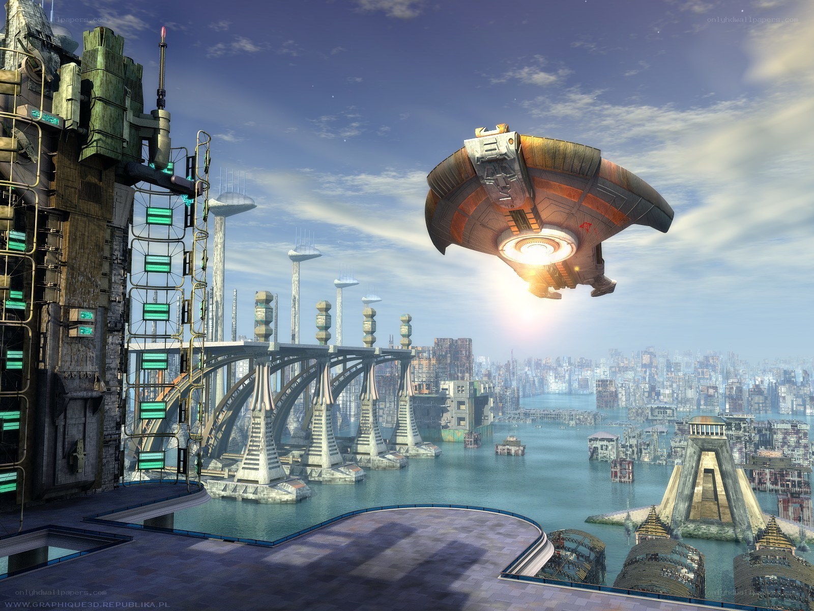 futuristic city with flying ship