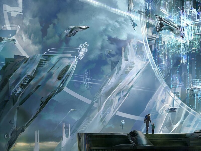 futuristic city with flying ships