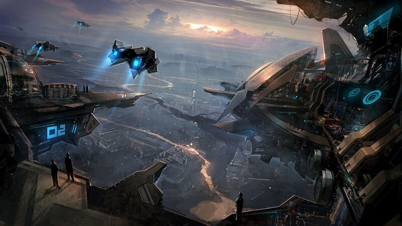 futuristic city with flying ships