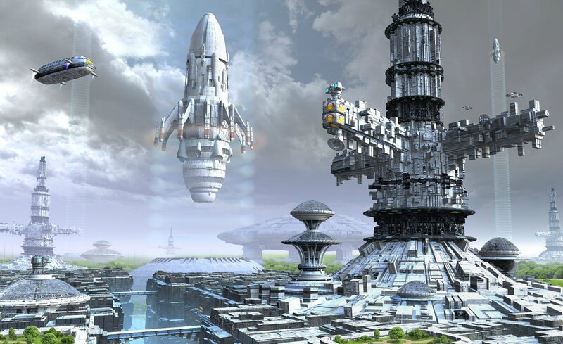 futuristic city with flying ships