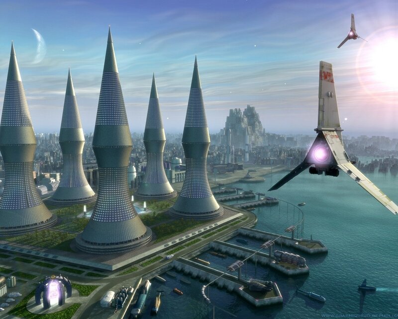 futuristic city with flying ships