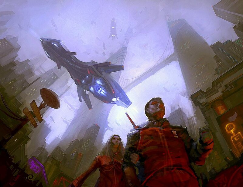 Futuristic city with flying ships