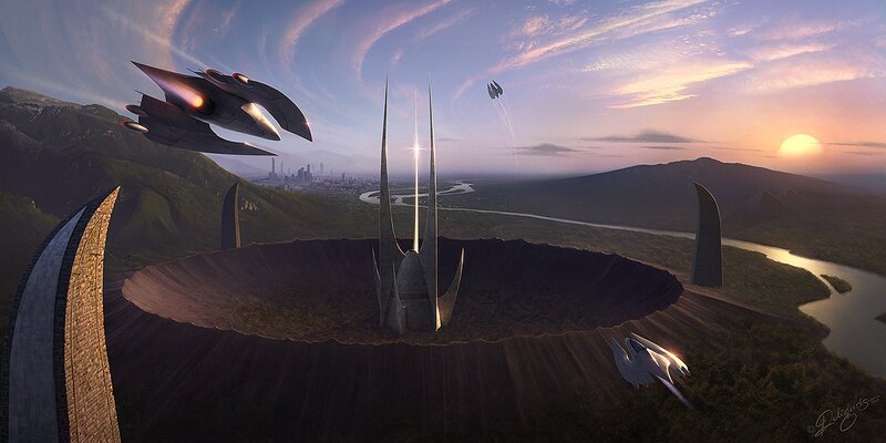 Futuristic city with flying ships