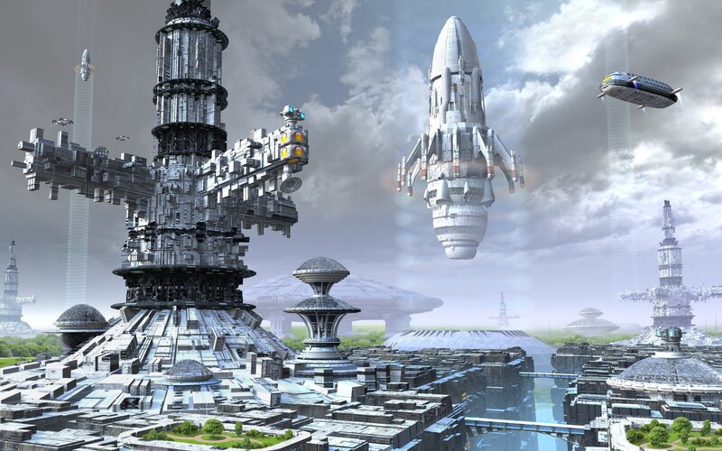 futuristic city with flying ships
