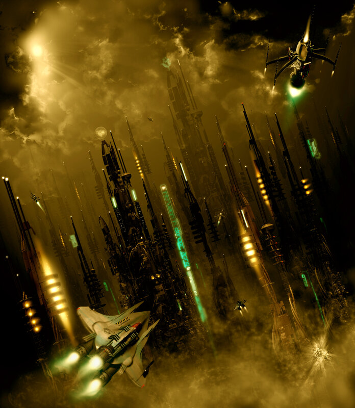 futuristic city with flying ships