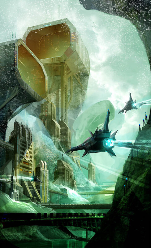 Futuristic city with flying ships