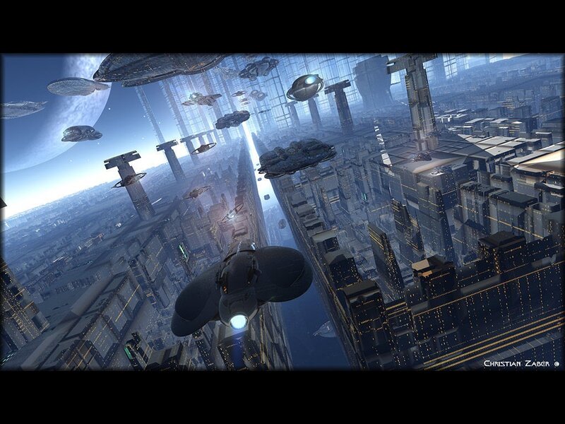futuristic city with flying ships