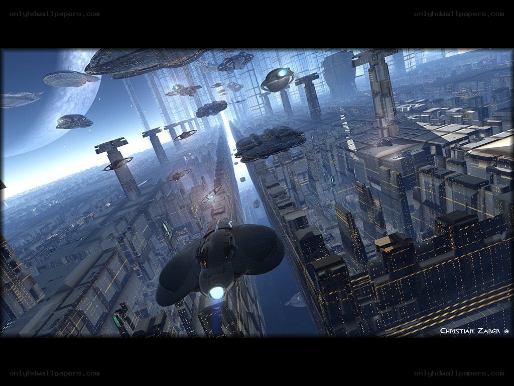 futuristic city with flying ships