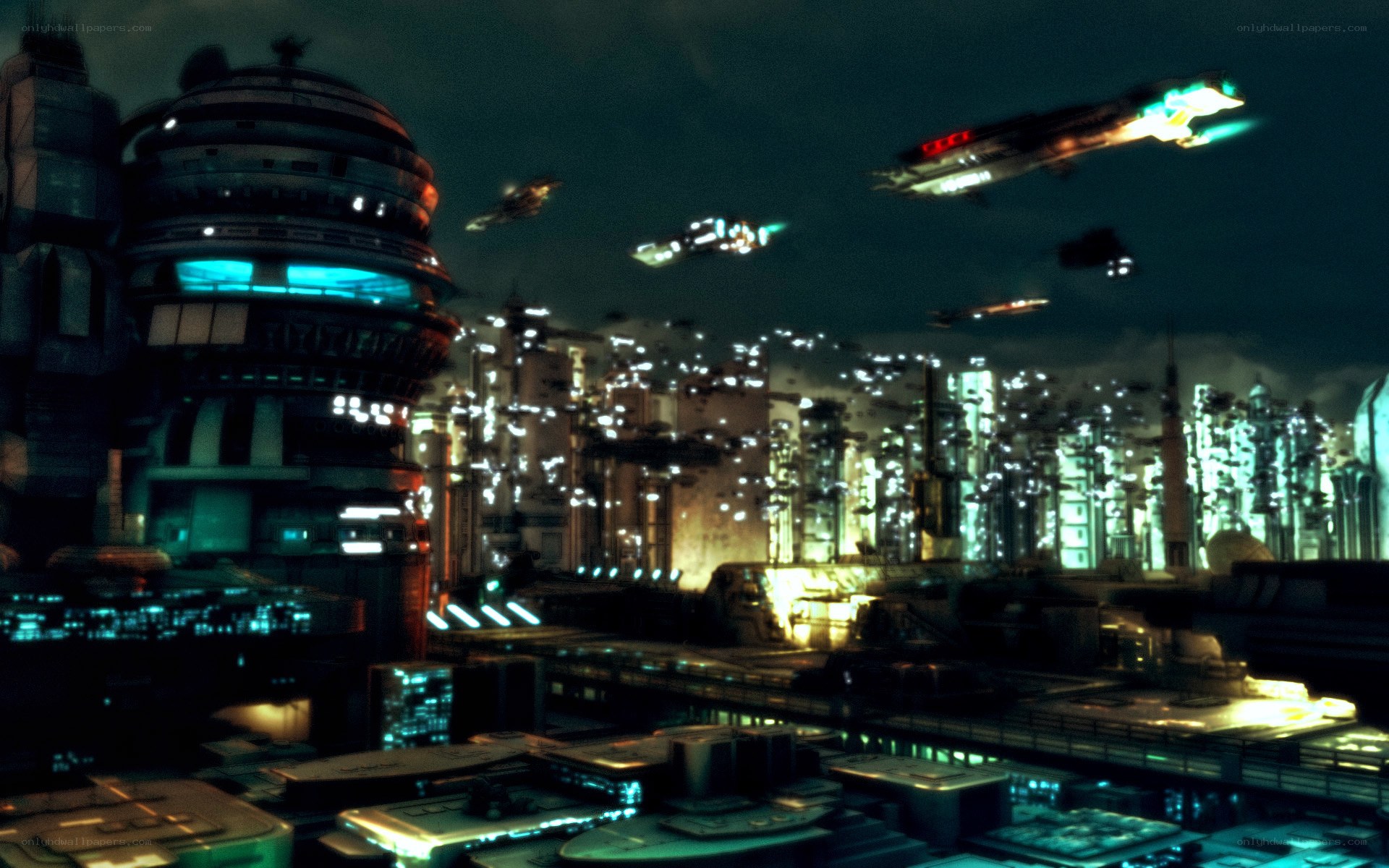 futuristic city with flying ships