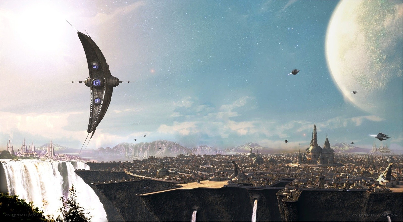 futuristic city with flying ships