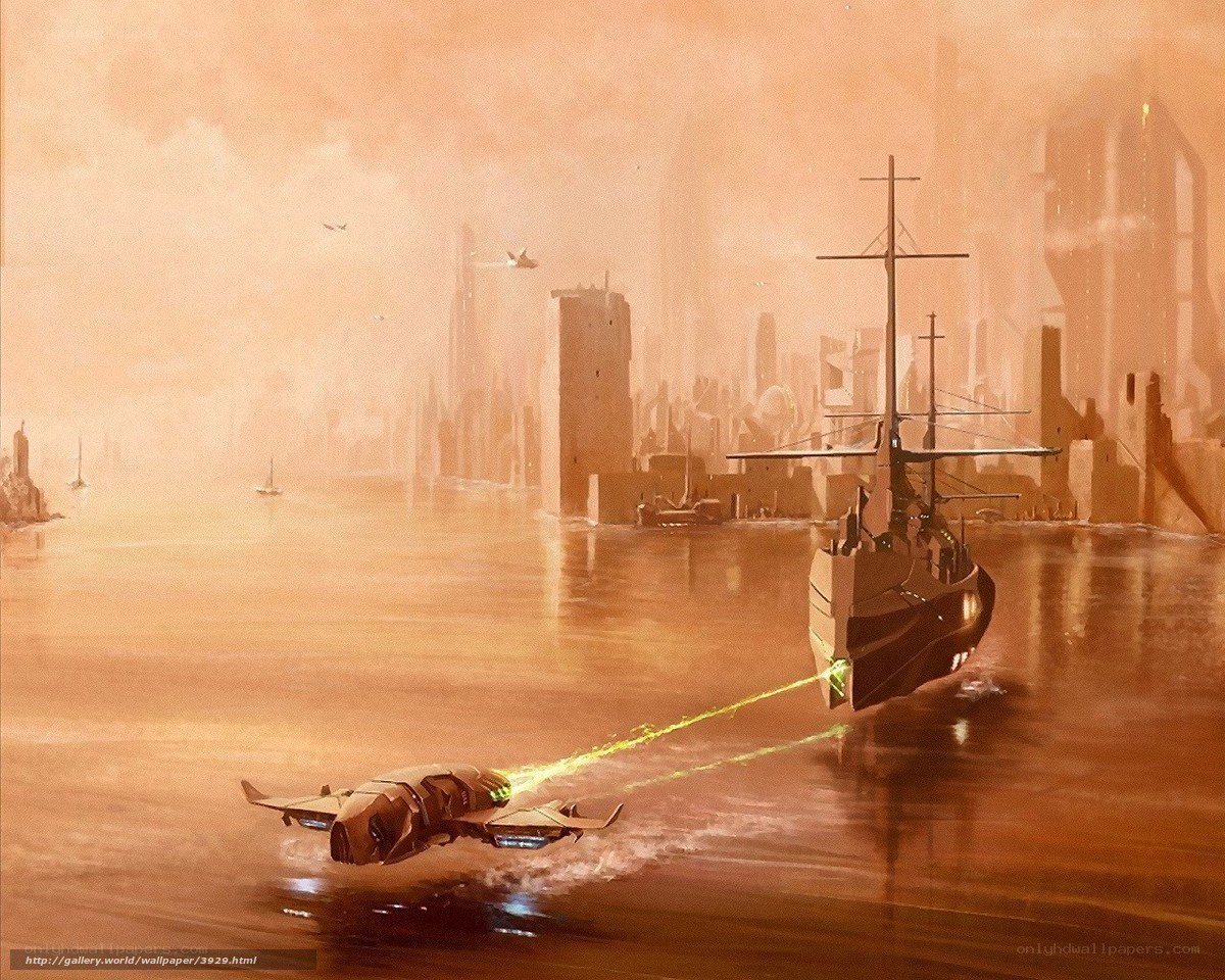 Futuristic city with flying ships