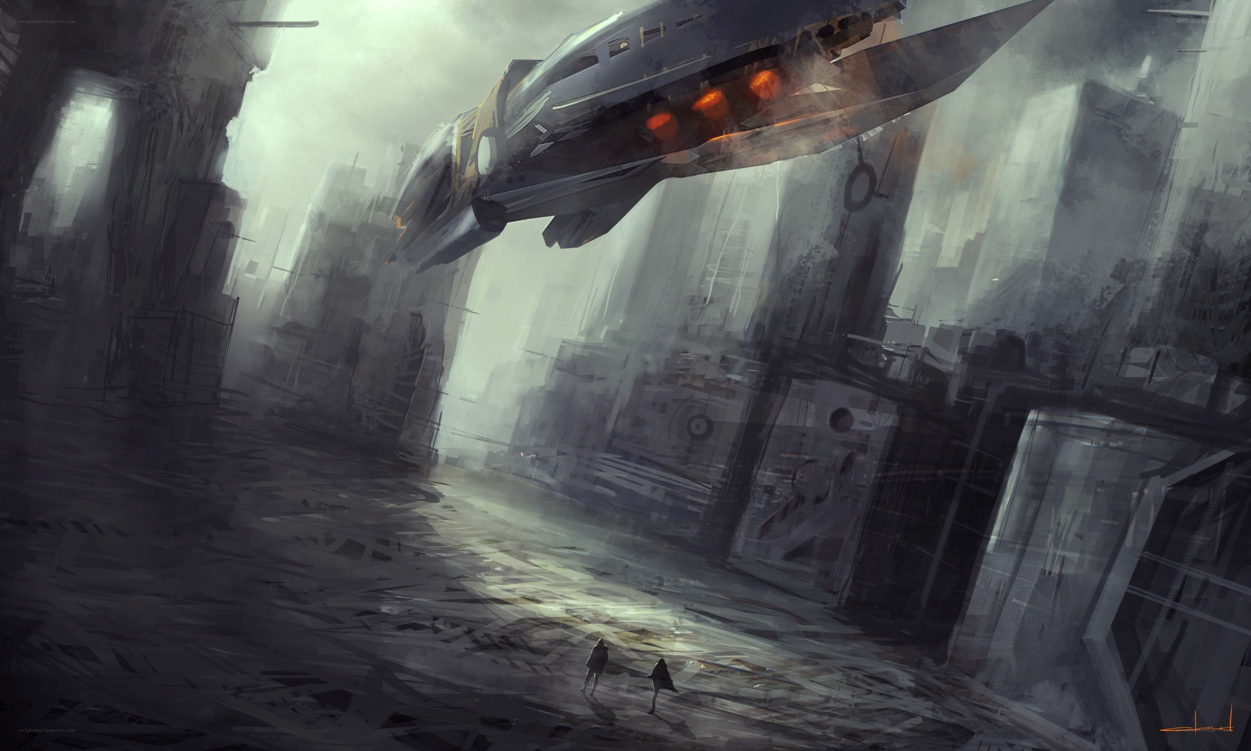 futuristic city with flying vehicle