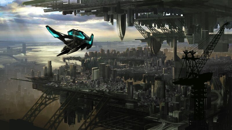futuristic city with flying vehicle