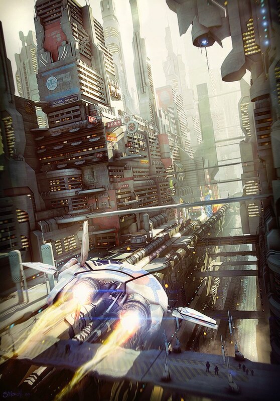 Futuristic city with flying vehicle