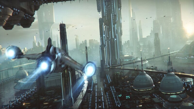 futuristic city with flying vehicle