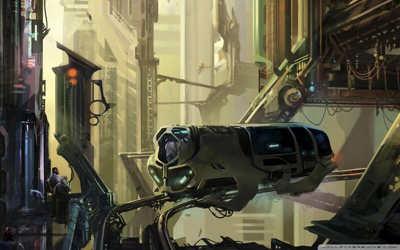 futuristic city with flying vehicle