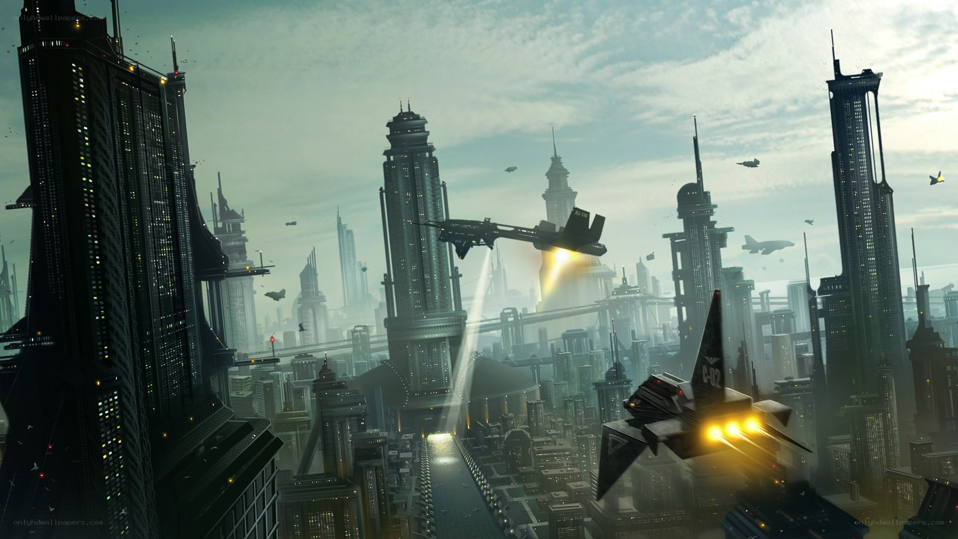 futuristic city with flying vehicles