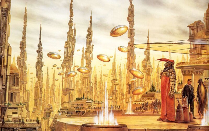 futuristic city with flying vehicles
