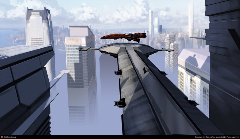 futuristic city with flying vehicles