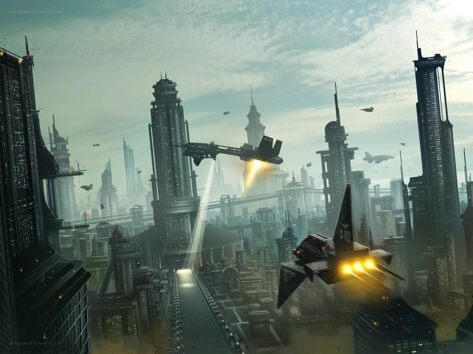 Futuristic city with flying vehicles