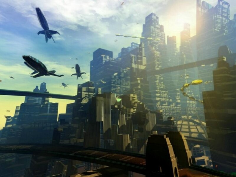 futuristic city with flying vehicles