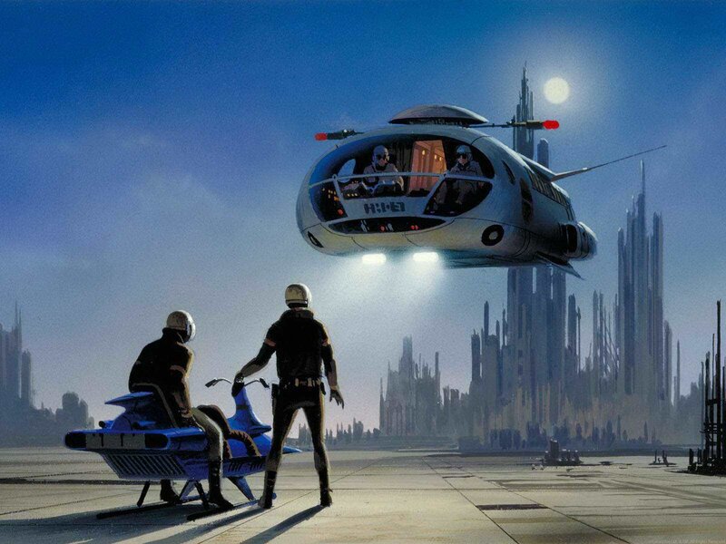 Futuristic city with flying vehicles