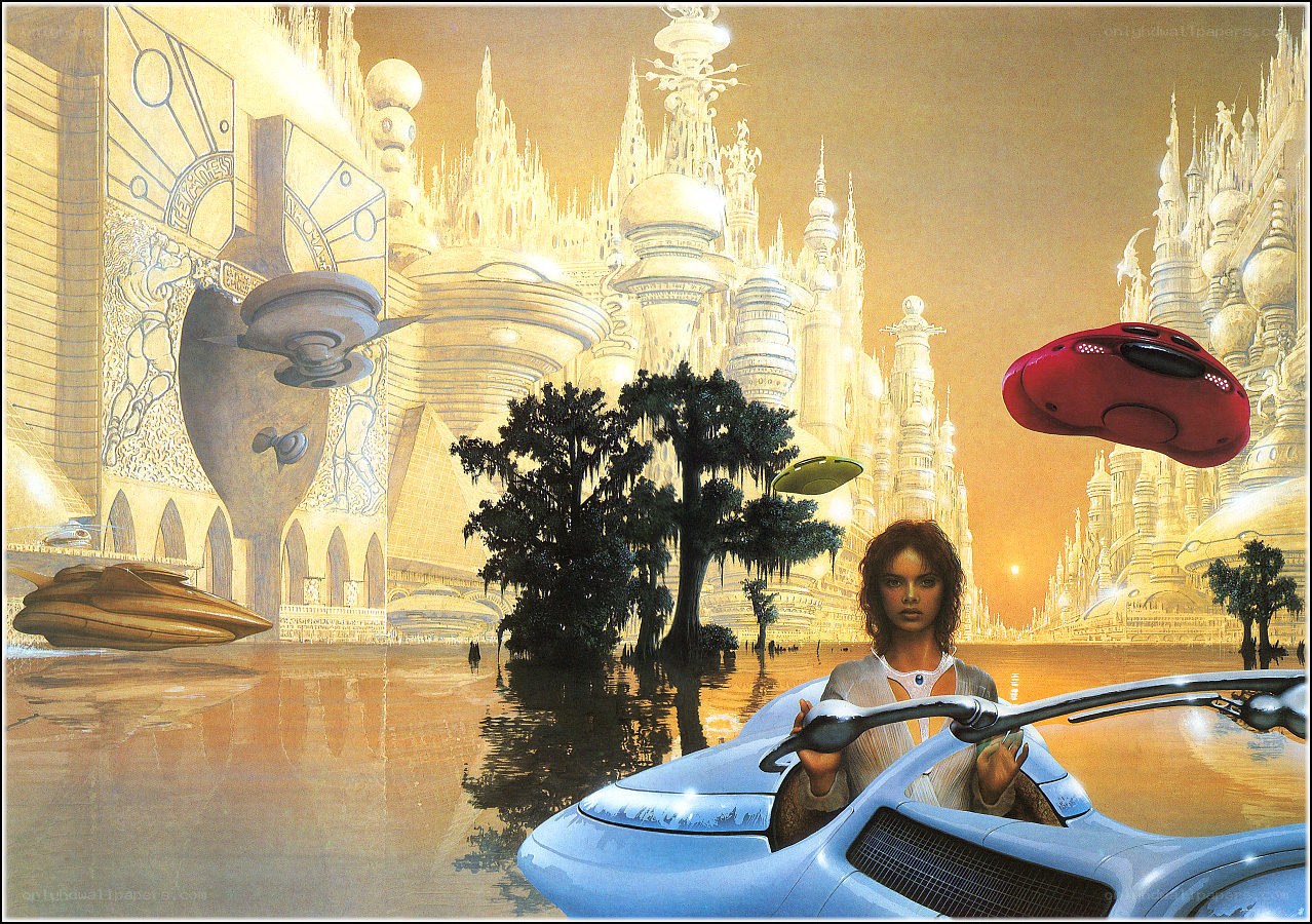 futuristic city with flying vehicles