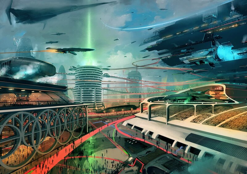 futuristic city with flying vehicles