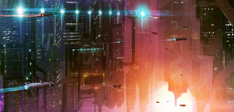 futuristic city with flying vehicles