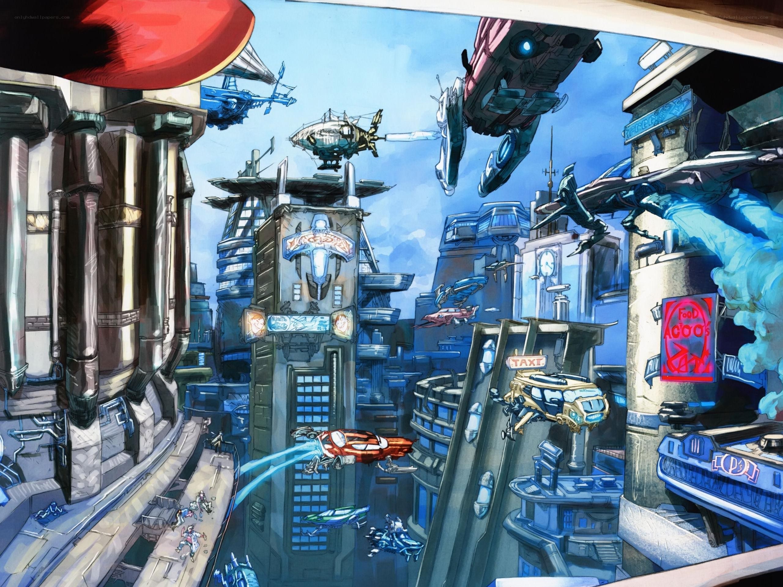 Futuristic city with flying vehicles