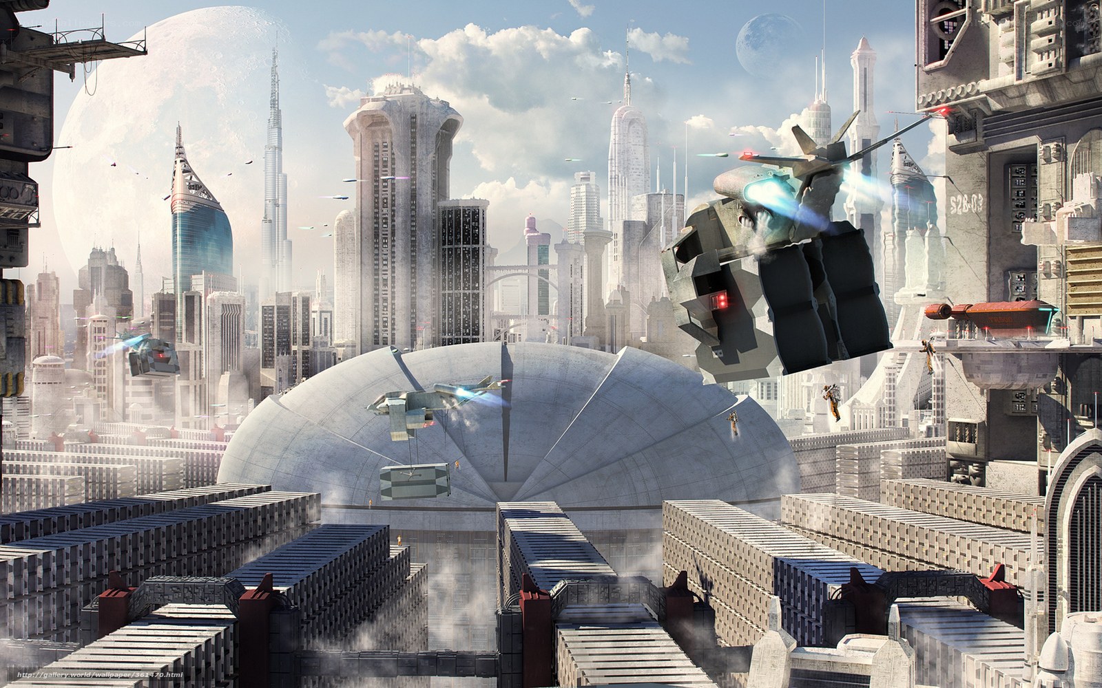 Futuristic city with flying vehicles