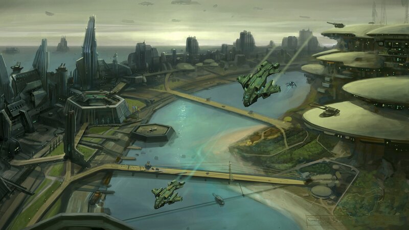 futuristic city with flying vehicles