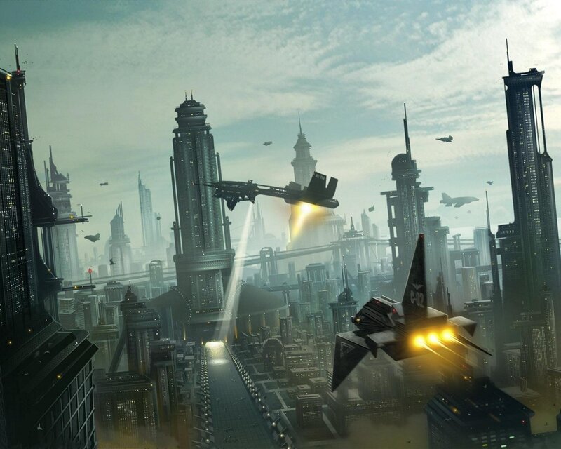 Futuristic city with flying vehicles