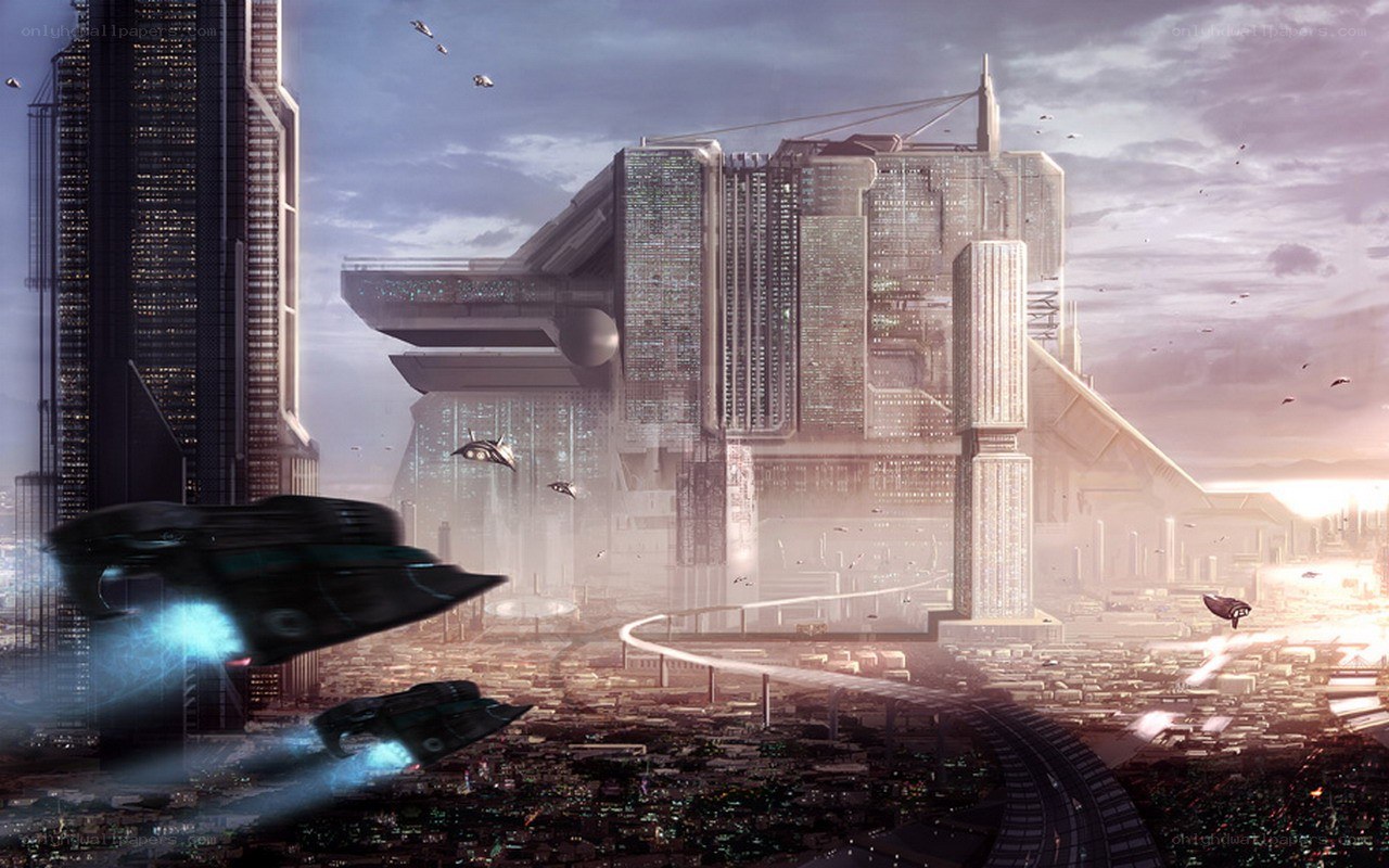 futuristic city with flying vehicles