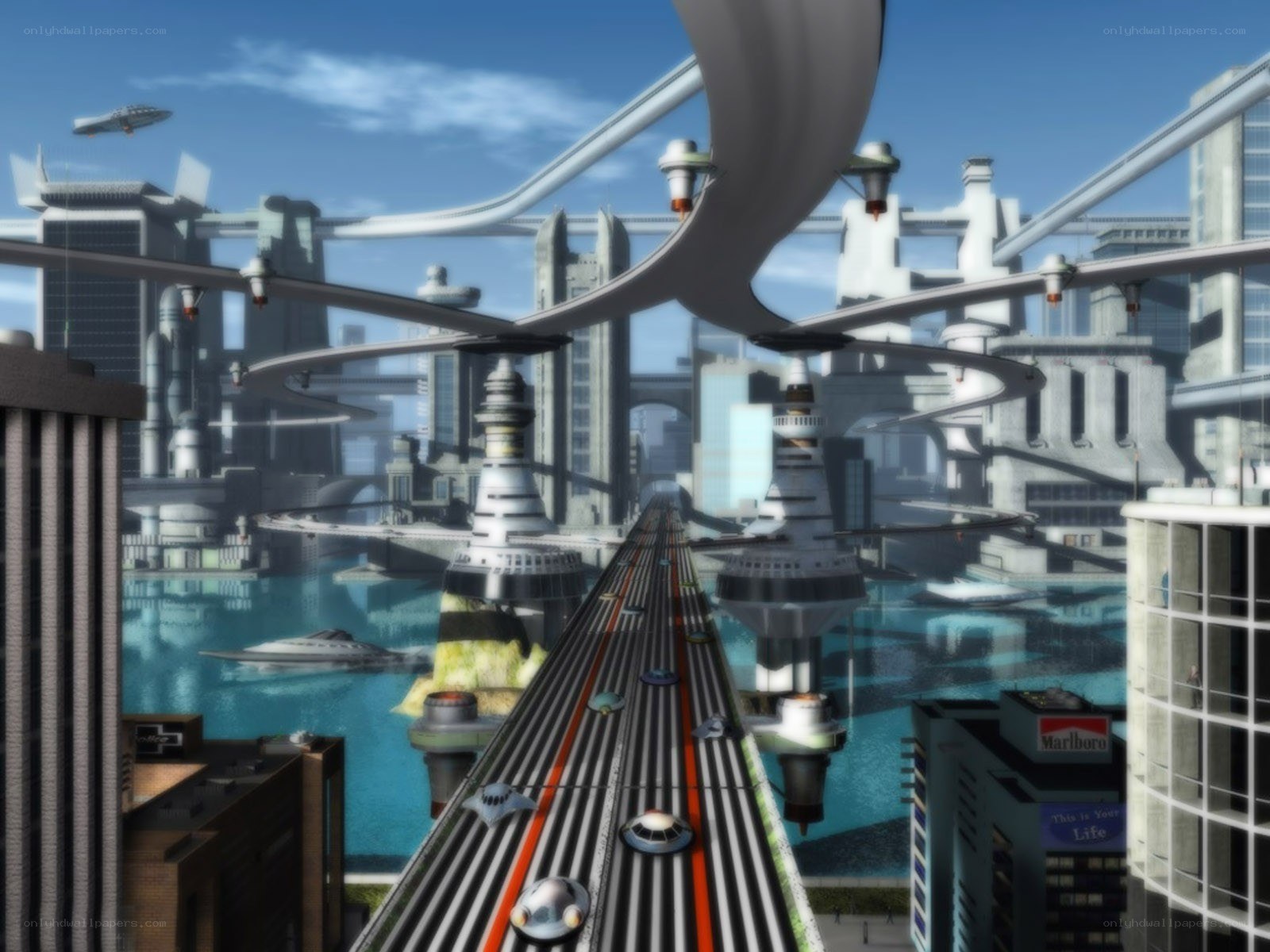 futuristic city with flying vehicles