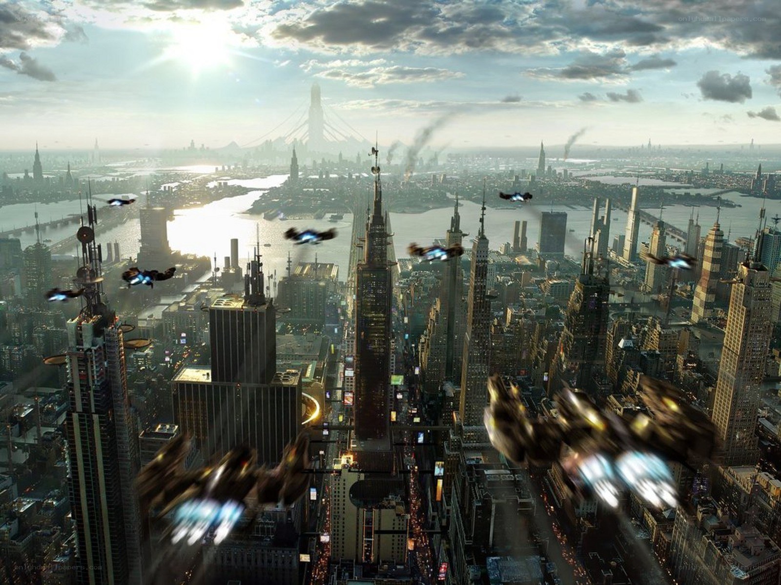 Futuristic city with flying vehicles