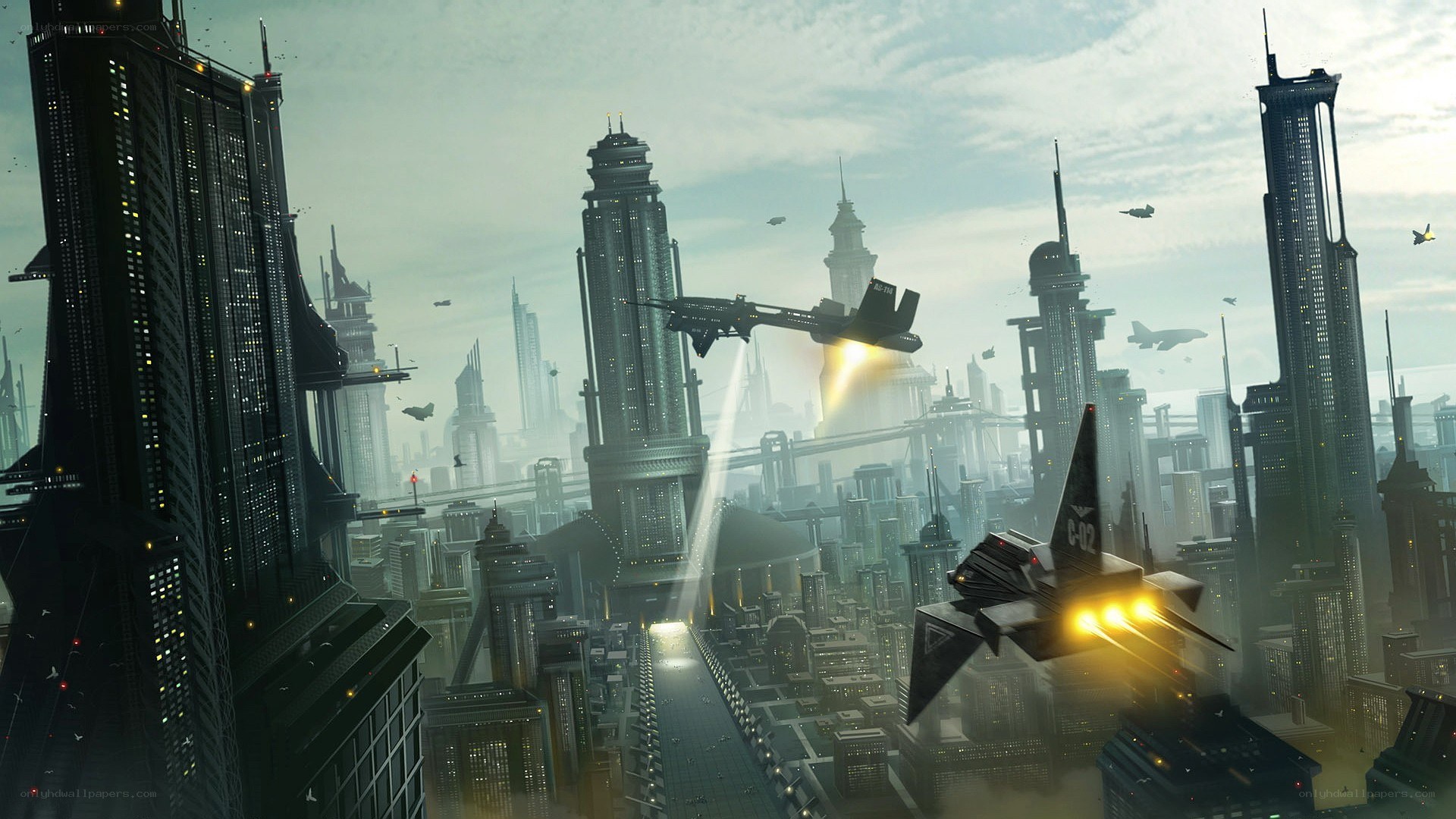 Futuristic city with flying vehicles