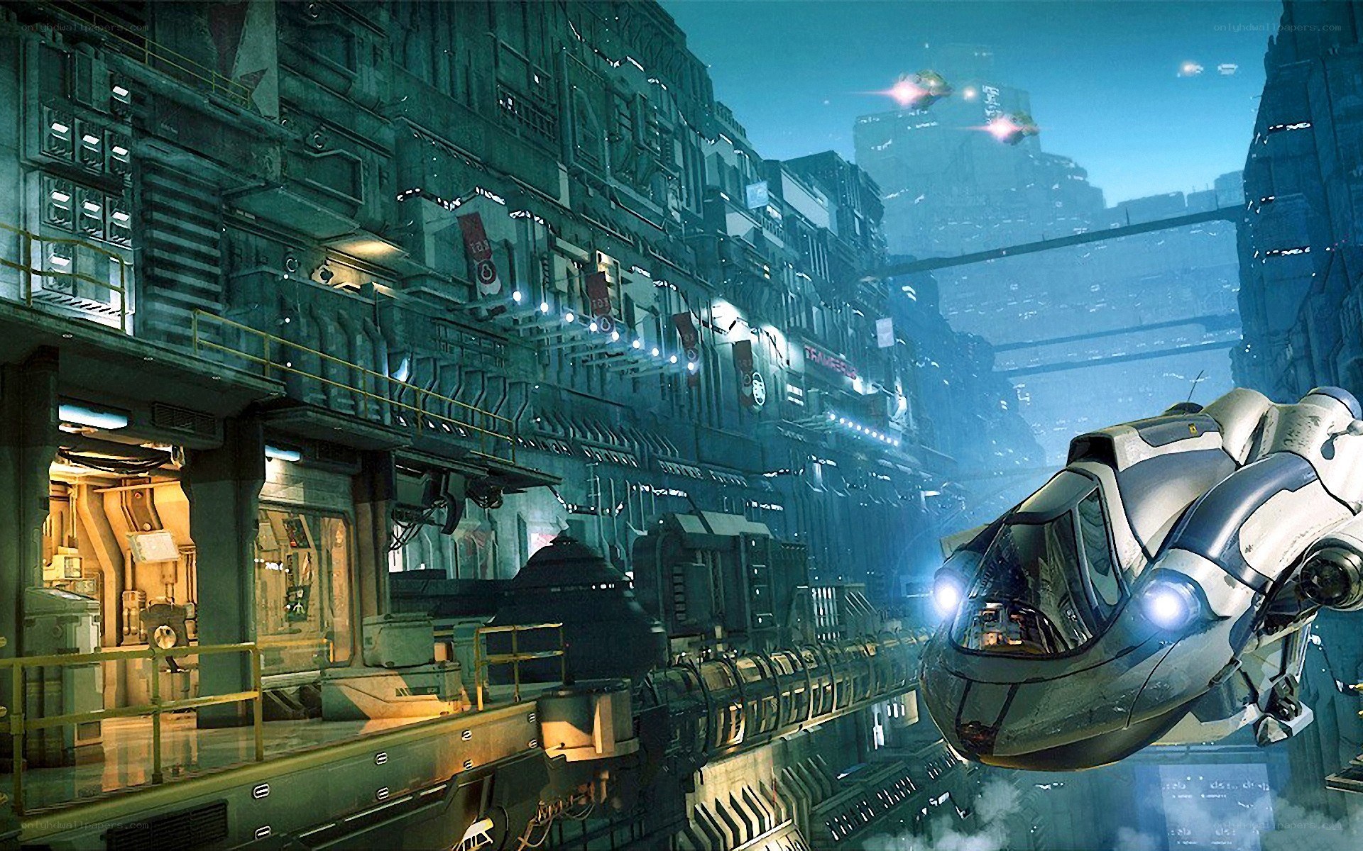 futuristic city with flying vehicles