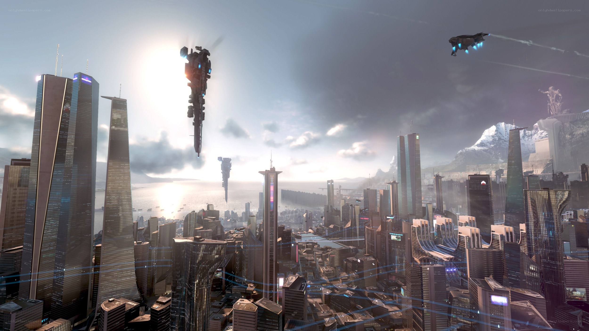 Futuristic city with flying vehicles