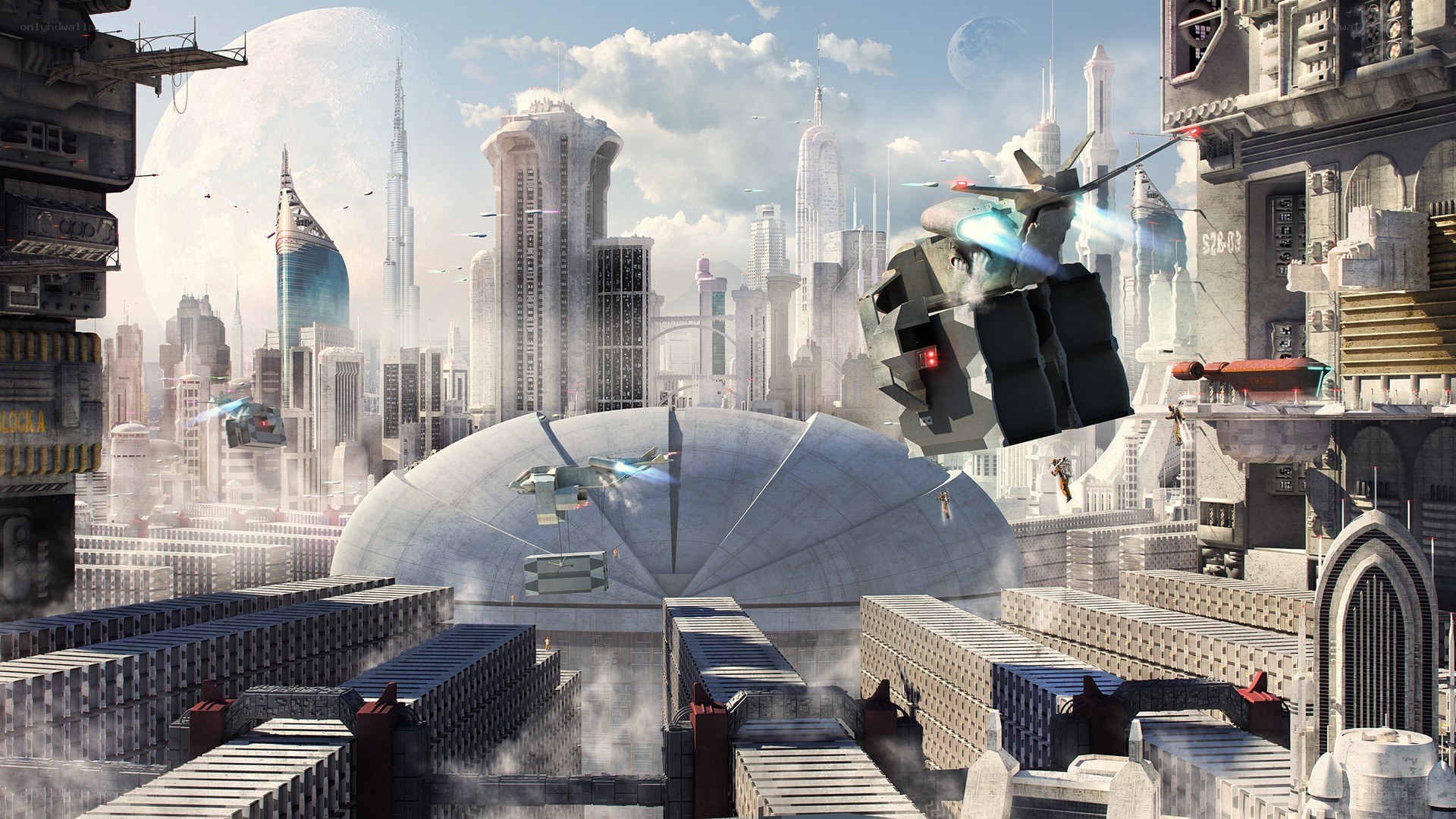 futuristic city with flying vehicles