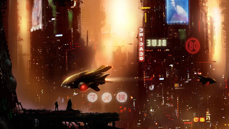 futuristic city with flying vehicles