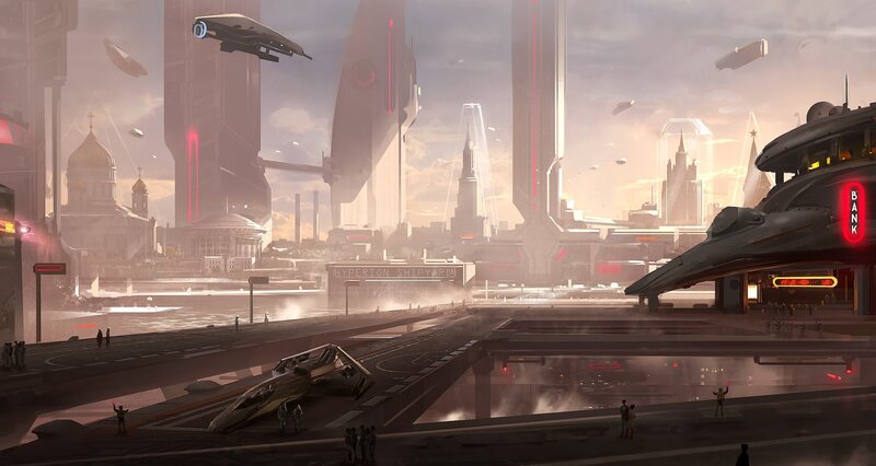 futuristic city with flying vehicles