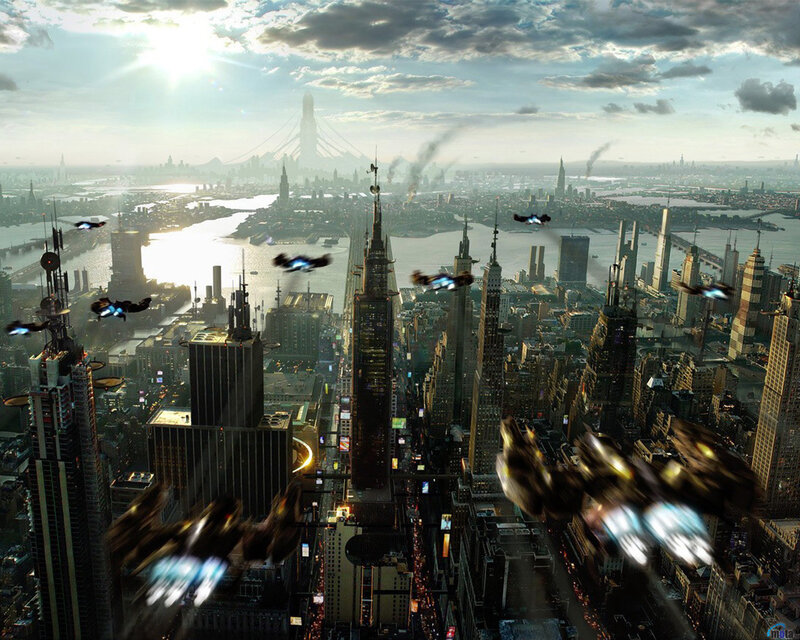 Futuristic city with flying vehicles