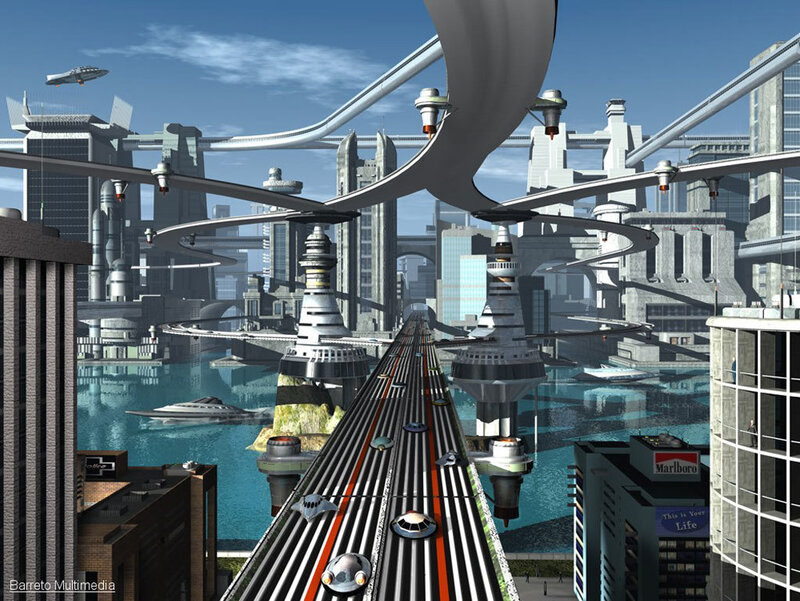 futuristic city with flying vehicles
