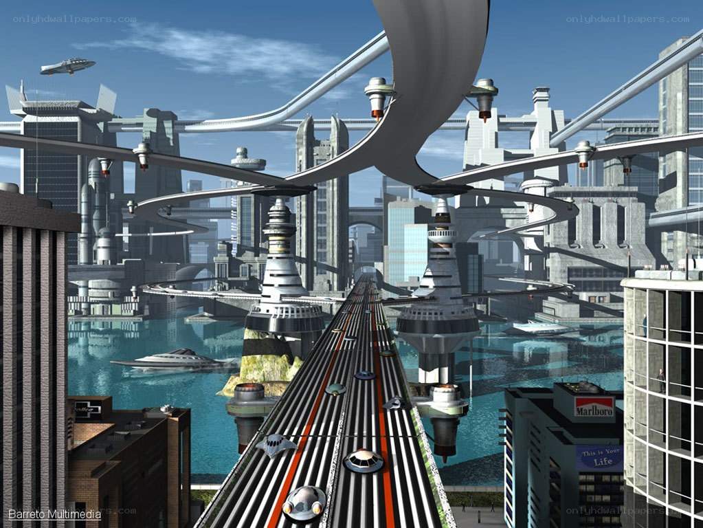 futuristic city with flying vehicles