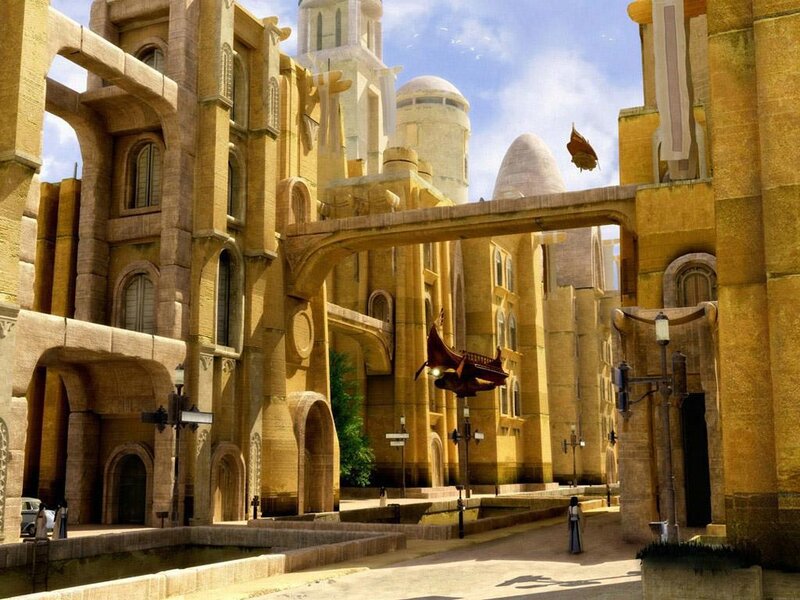futuristic city with flying vehicles