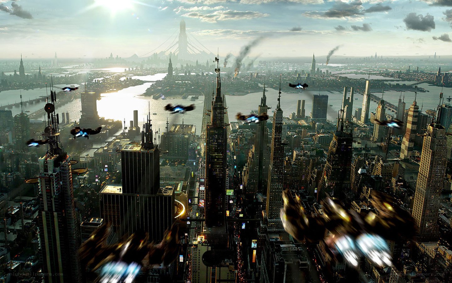 Futuristic city with flying vehicles