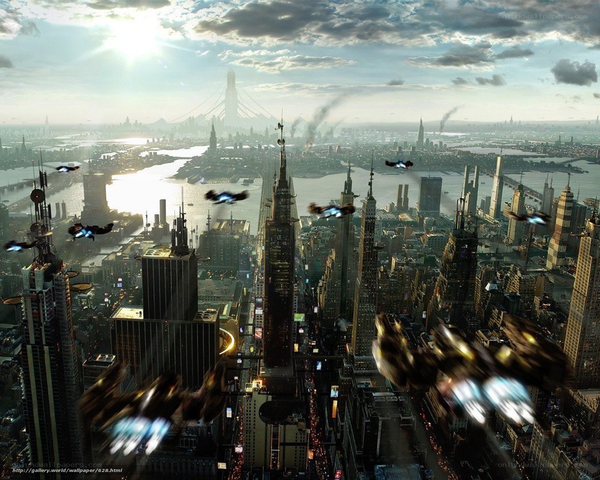 Futuristic city with flying vehicles