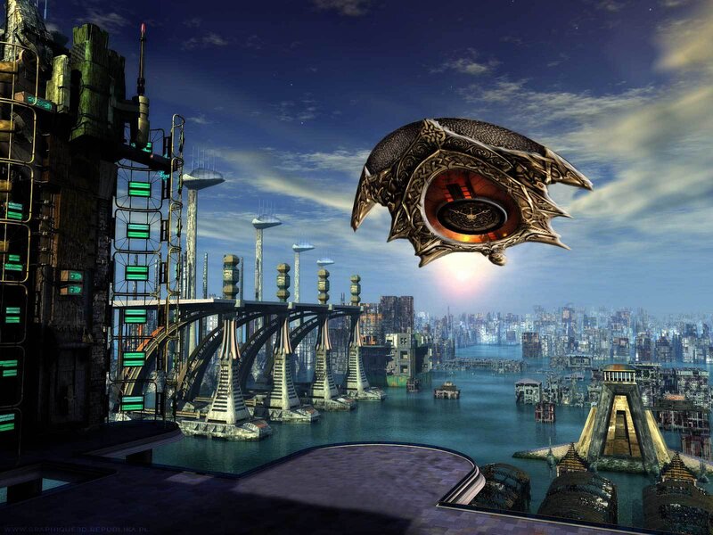 futuristic city with flying vessel