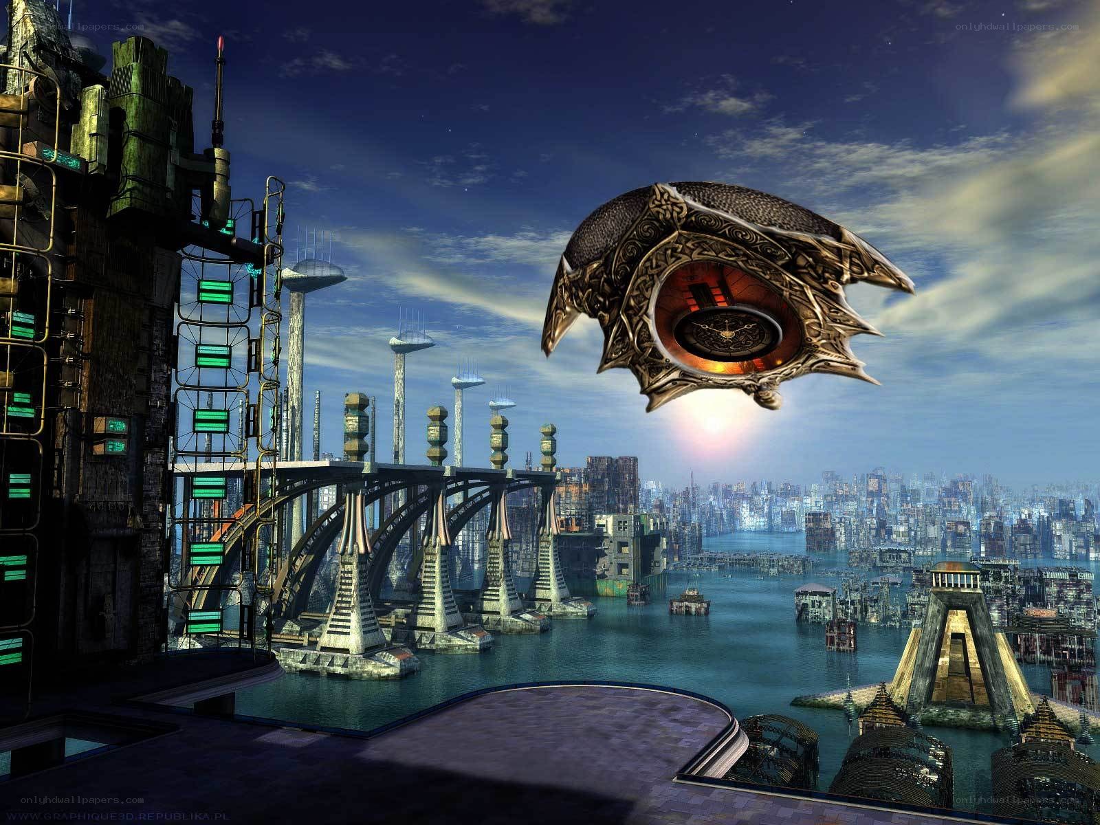 futuristic city with flying vessel